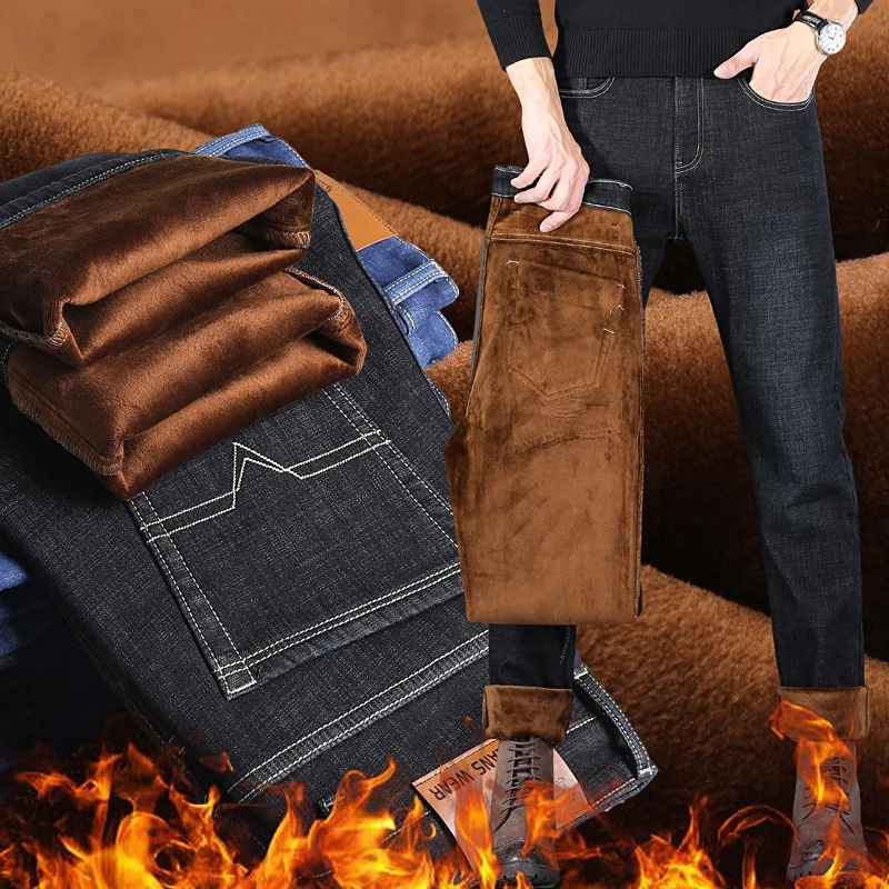 Classic Men's Winter Fleece Jeans, High-quality Thickened Warm Wool Nostalgic Straight Leg Business Pants