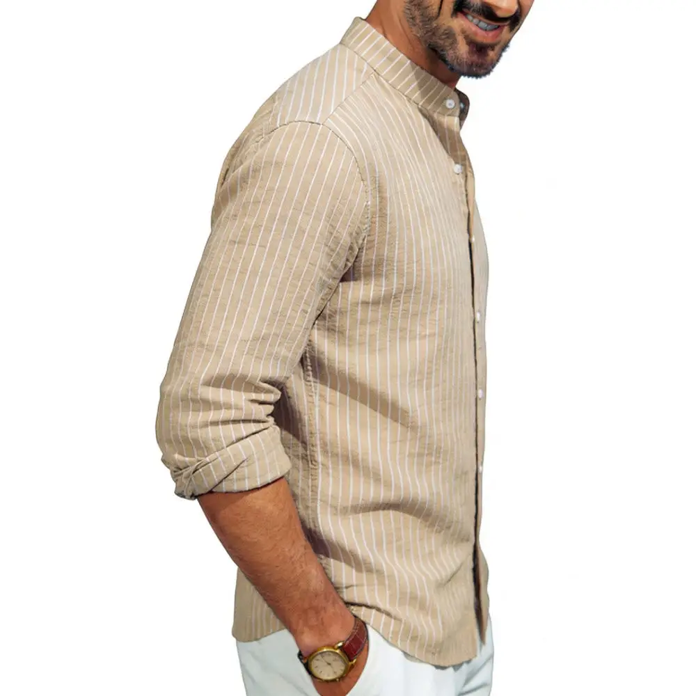 Mens Stand Collar Linen Shirt Long Sleeve Vertical Striped Loose Fit Casual Button Up Breathable Spring Summer Apparel