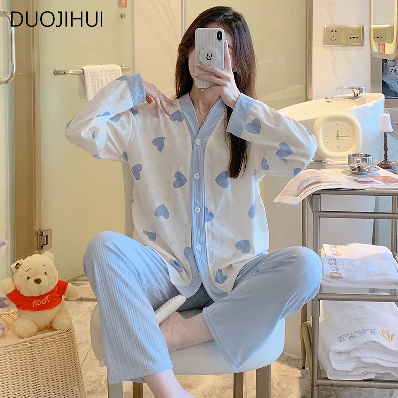 DUOJIHUI Autumn Two Piece Sweet Simple Female Pajamas Set V-neck Cardigan Basic Loose Pant Fashion Casual Home Pajamas for Women
