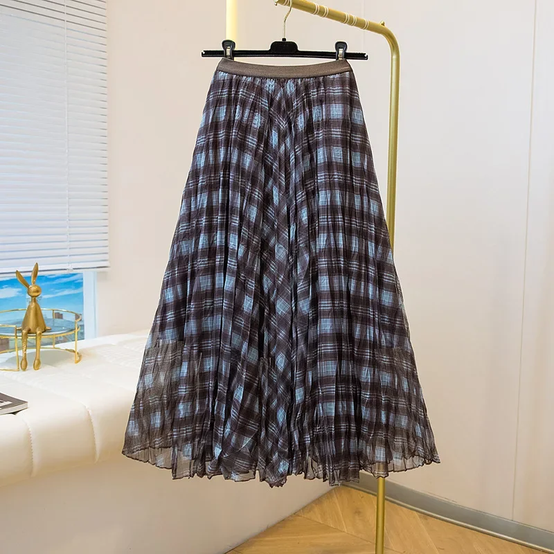 Vintage Plaid High Waist Midi Skirt Women Fall New Pleated Mesh A-line Skirt Retro Checkered Mid-Calf Length Elegant Casual Part