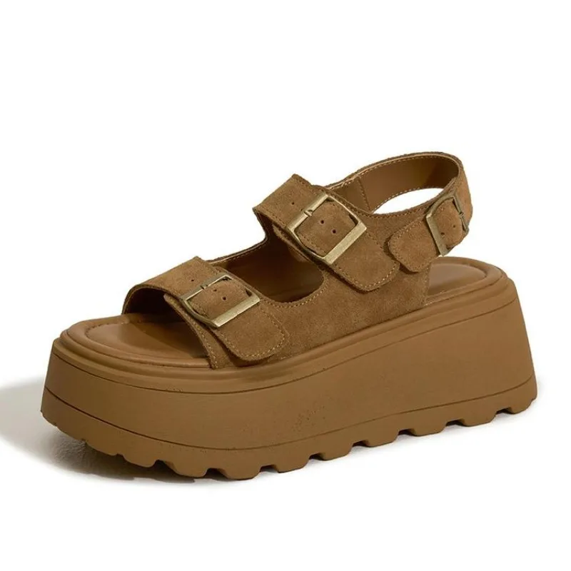 

Высококачественные замшевые сандалии высокого качества на платформе и танкетке 7 см, летние массивные сандалии-кроссовки, удобная модная женская обувь с открытым носком