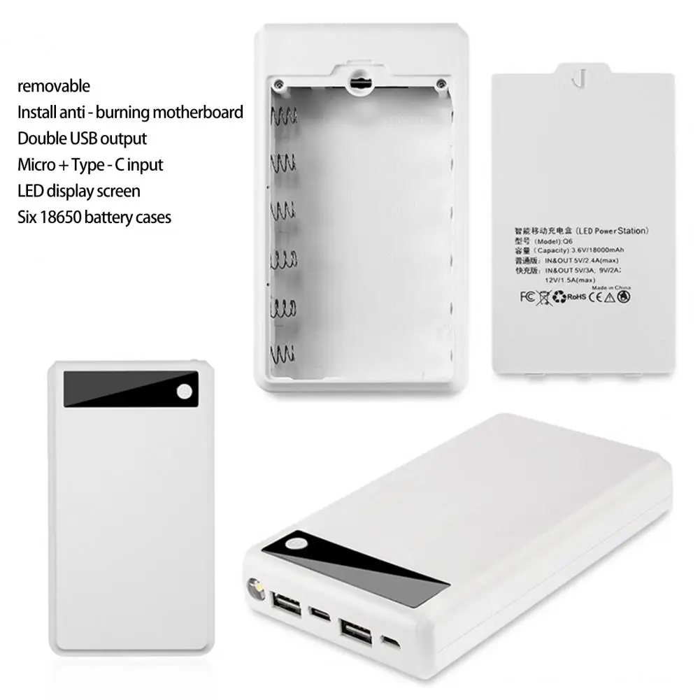 Practical Power Bank Box  Dual USB Micro Type-C Portable Battery Charger Case  6 X 18650 Mobile Power Bank Shell