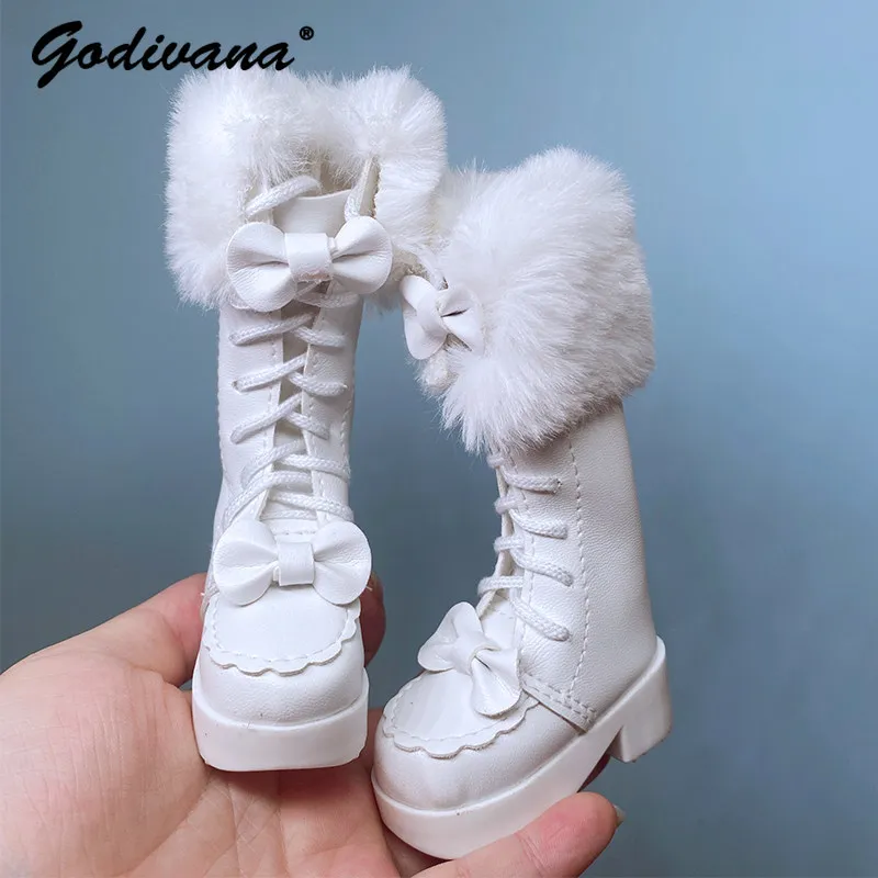 1/4 Bjd Doll Shoes Thickened Plush Boots Sweet Lolita Mid‑Calf Doll Boots Furry Cuff Bow Block Heel Shoes Versatile Fit 1/4 BJD