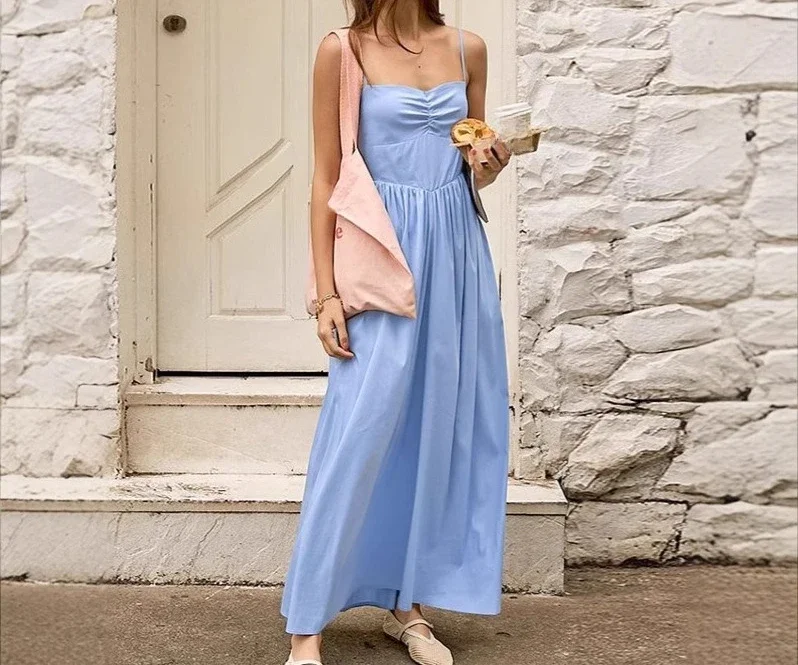

2026 Summer New Blue Camisole Dress For Women, Elegant Waist Cinched A-Line Long Skirt For Women