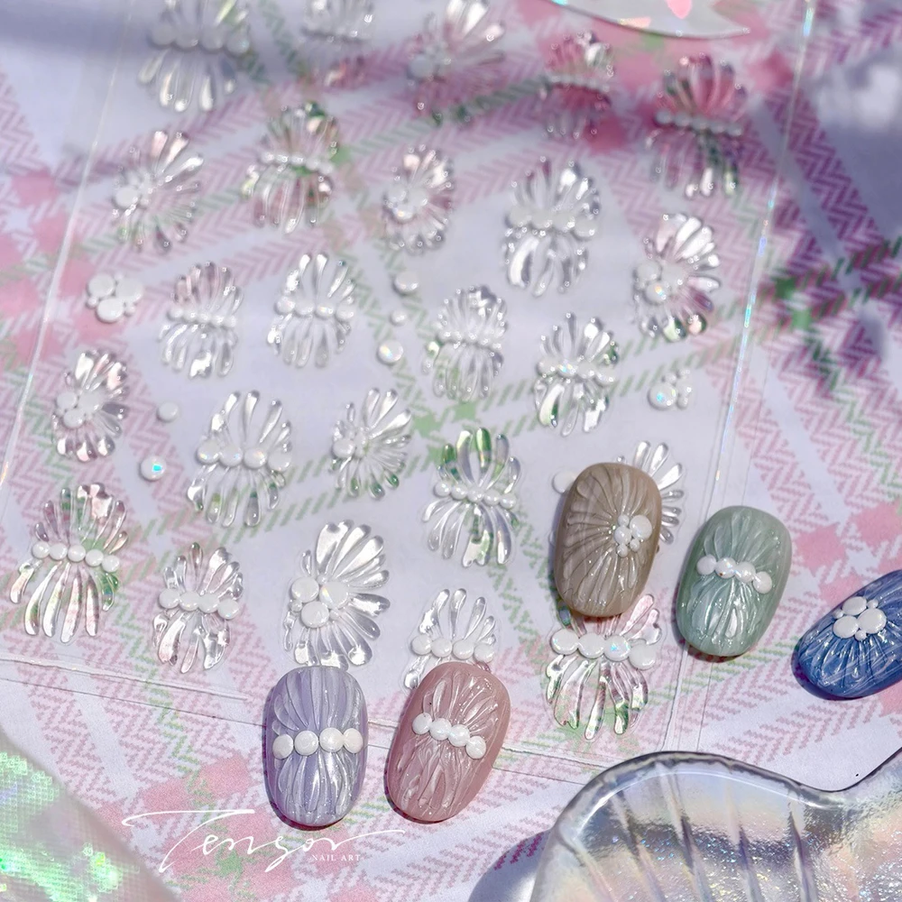 Durchscheinende Muschel-Nagelaufkleber, kristallklares Gelee, Glanz, Glitzer, funkelnd, glänzend, 5D-Nagelkunst-Aufkleber, selbstklebender Maniküre-Aufkleber