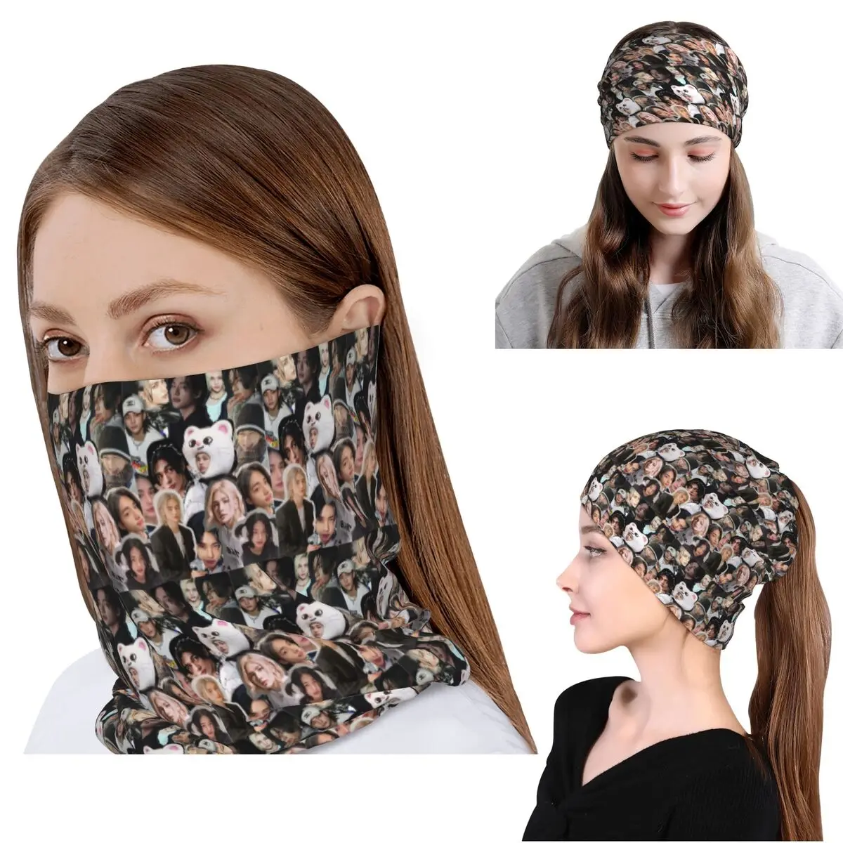 Hyunjin Collage Bandana Neck Gaiter Wrap Mask Scarf Multifunction Face Mask Beanies Hat Unisex Adult Washable