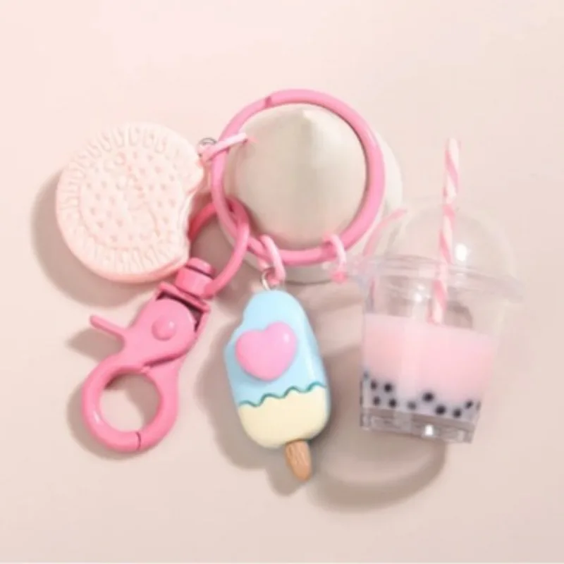 Cute Keychains Ice-cream Bubble Tea Biscuit Pink Key Rings Women Girl Handbag Gift Jewelry Cute Keychain 1PC Keychains