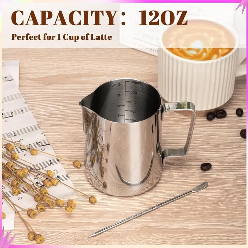 

B50C 12Oz Milk Frothing Pitcher Cappuccino Espresso Machine Parts Kit With Latte Pen Clear Scale For Home, Bar & Cafes