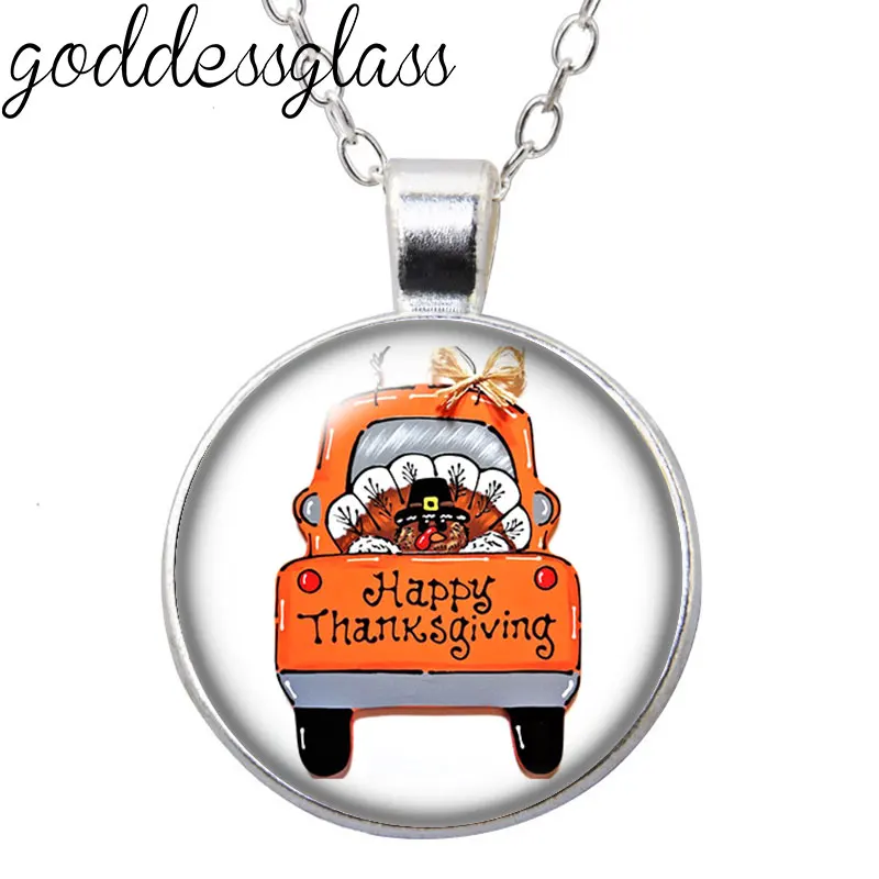 Thanksgiving Day bumper harvest pumpkin turkey Round Glass glass cabochon silver plated pendant necklace jewelry Gift