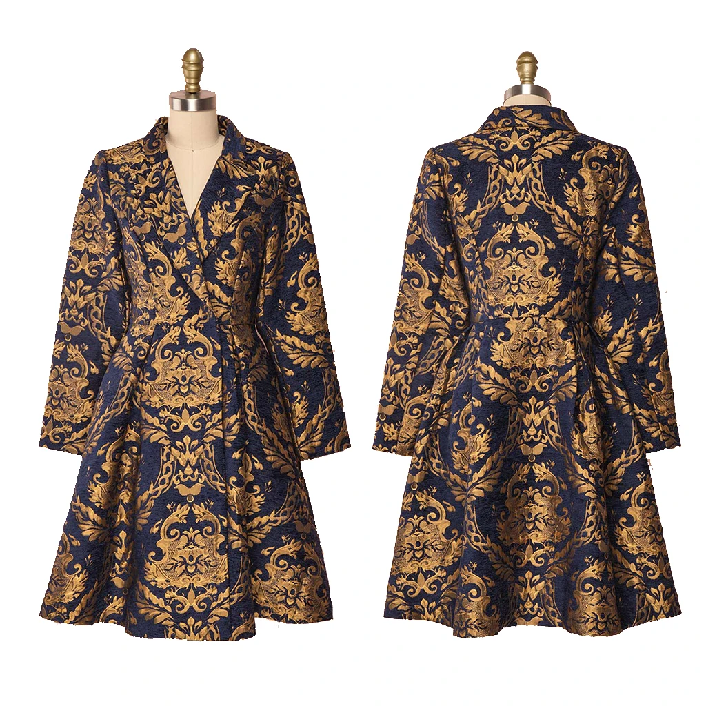 Historian Fashion Blue And Gold Jacquard Pleated Princess Coat Costume Adult Women Vixtorian Renaissance Trench Jacket Custom