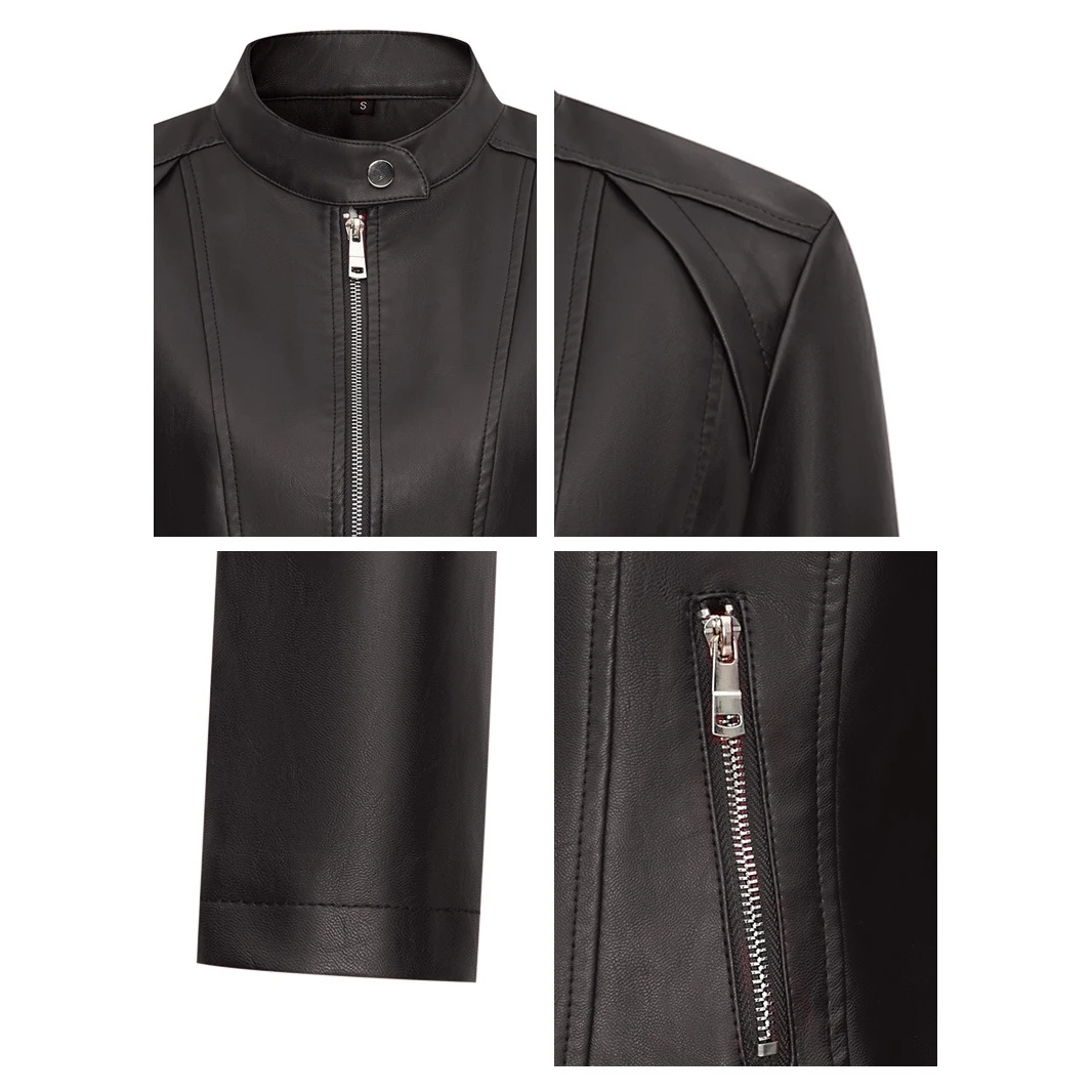 Faionable الأحمر بولي Leather الجلود Jaet المرأة ort معطف ربيع الخريف رقيقة Sle الوقوف طوق طويل Sve سستة إغلاق سليم صالح