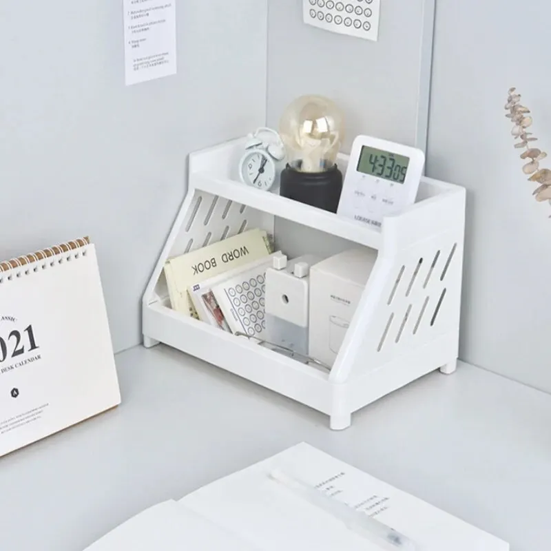 White Double Tier Desktop Storage Organiser Display Shelf with Cutout Cat's Paw Design, Home Office and Dorm Room, 2-Layer