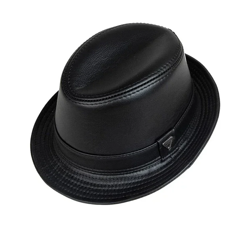 New 2023 Man High Quality Genuine Leather Jazz Fedora Gentleman CowSkin Short Brim Black/Brown Fitted Top Hat Male Shows