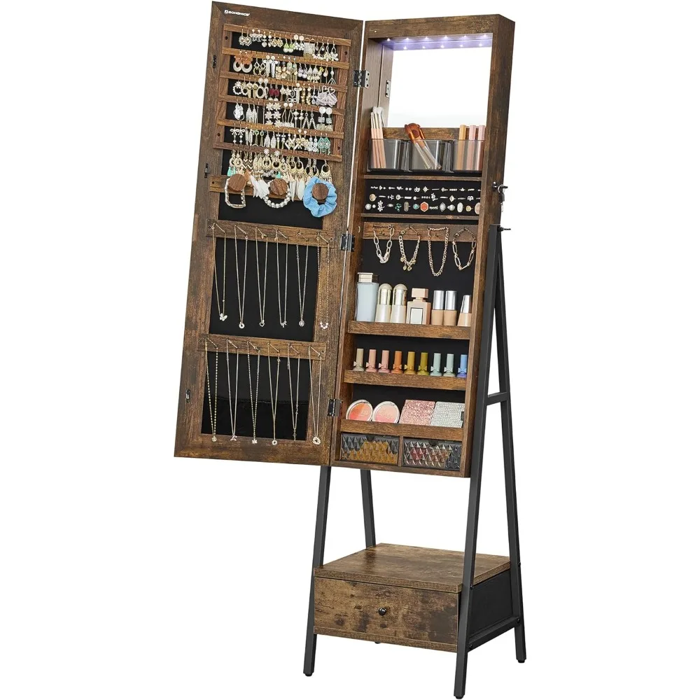 LED Cabinet Standing, Lockable Jewelry Armoire with Full-Length Mirror, Space-Saving Jewelry Organizer with Mirror