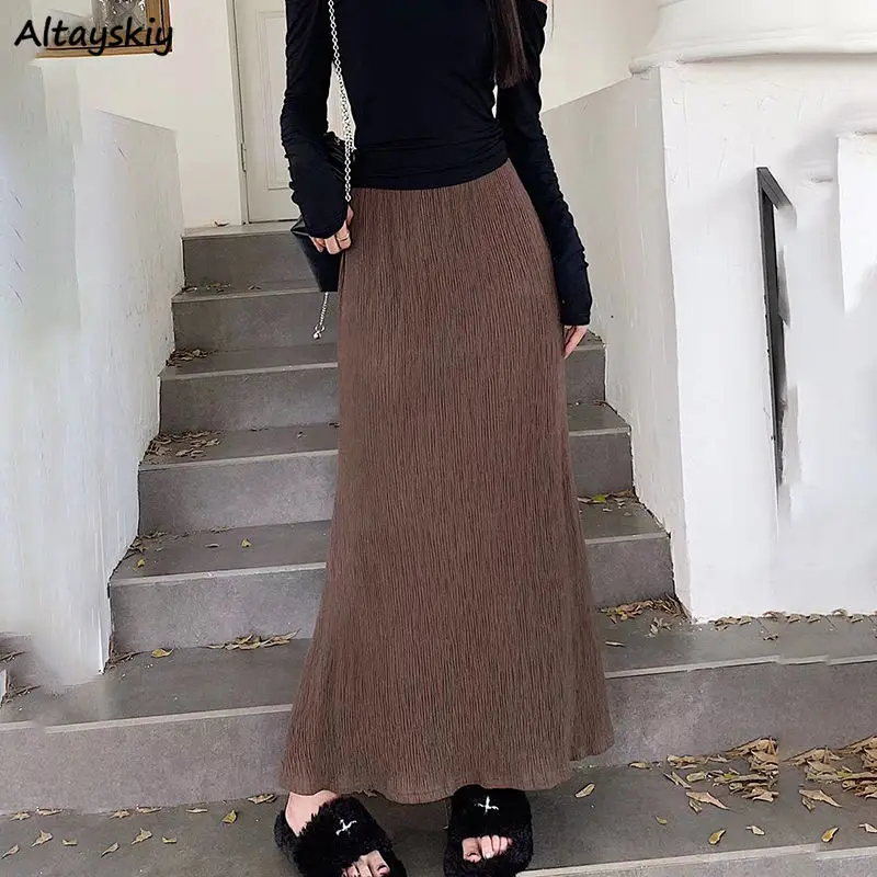 

Autumn Long Skirts Women Vintage Elegant Ladies Simple Folds All-match Newly French Style High Waist Designed Trendy Commuter