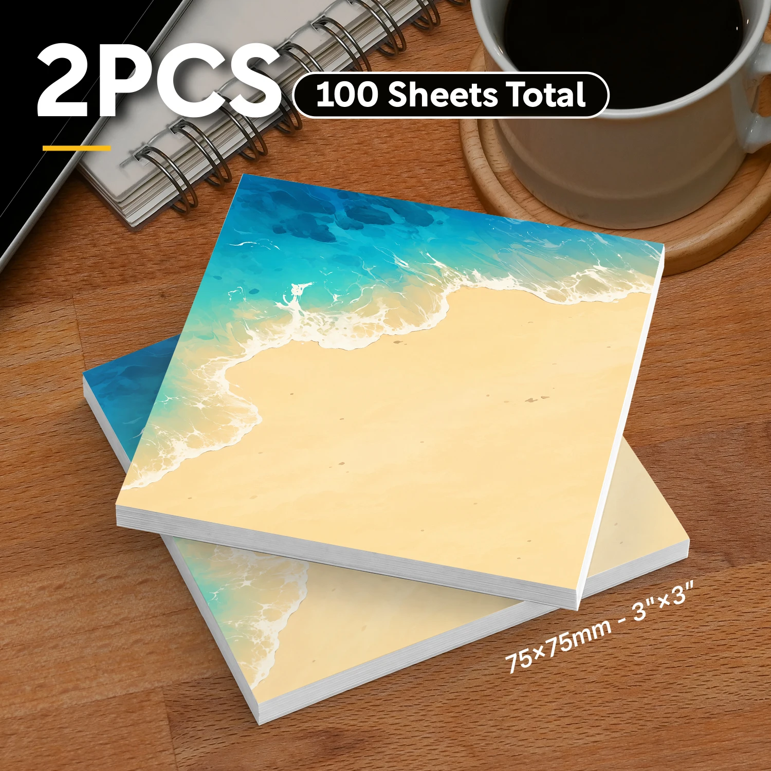 2pcs Beach Ocean Wave Sticky Notes Set, Summer Tropical Aesthetic Self Stick Memo Pads, 100 Sheets Total, Sea Shore Notepads