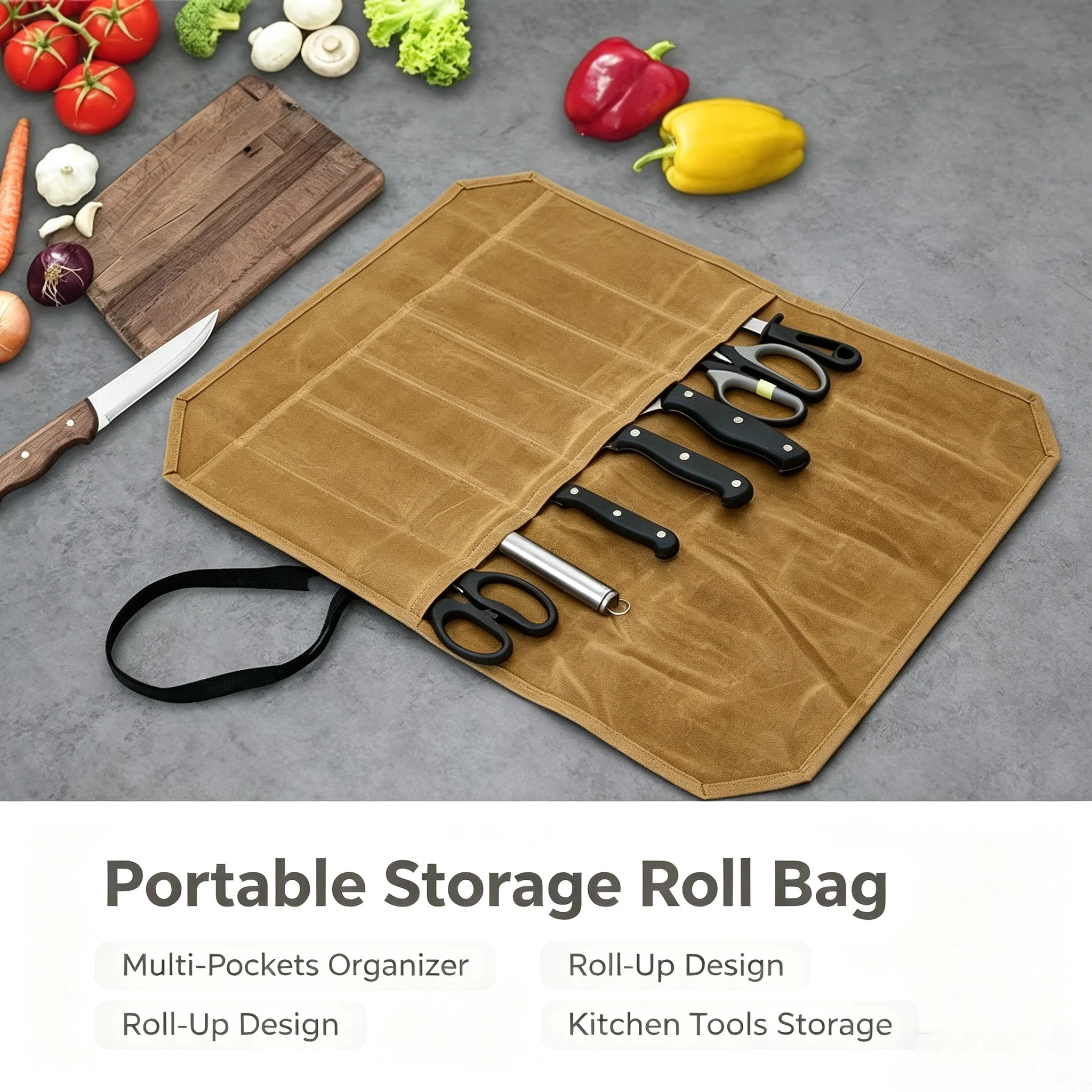 Canvas Knife Roll Bags Portable Knife Storage Roll Bags Chef Knife Carrier Waterproof Knife Roll Storage Bag with 7 Slots