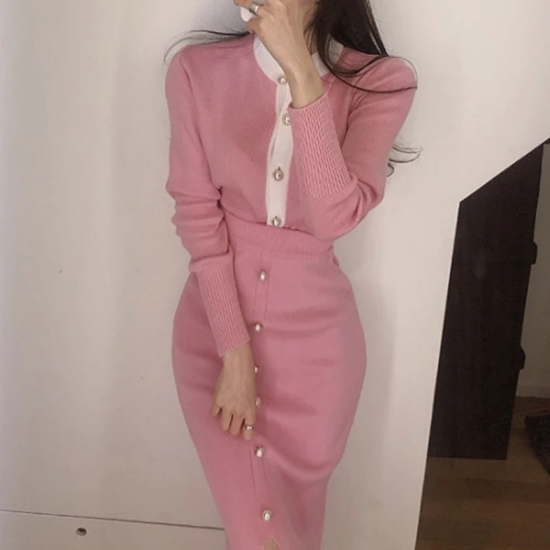 Women Autumn Pink/Black Colorblock O-Neck Single Pearl Breasted Knit Cardigan +Elastic Split Long Skirt Set OL Elegant