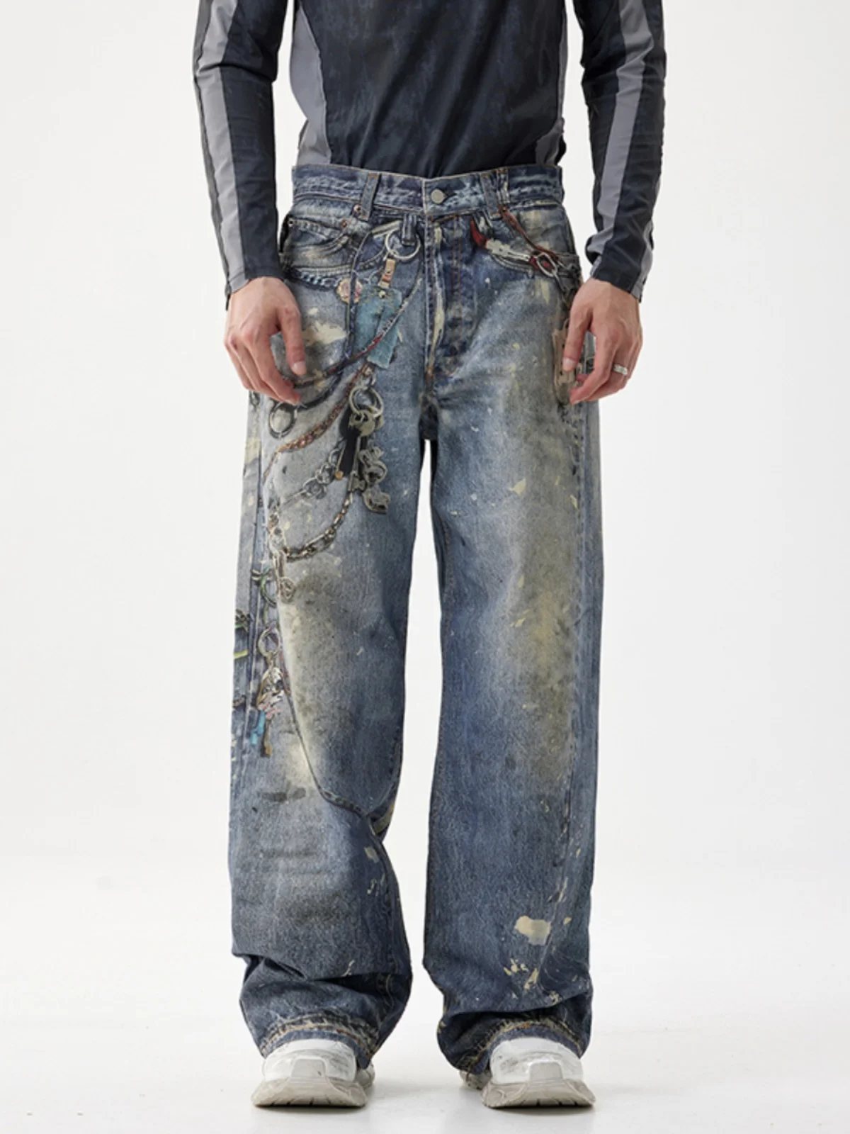 

Мужские джинсы с 3D-принтом в виде цепей, американский уличный стиль, свободные прямые брюки, молодежные, модные, износостойкие