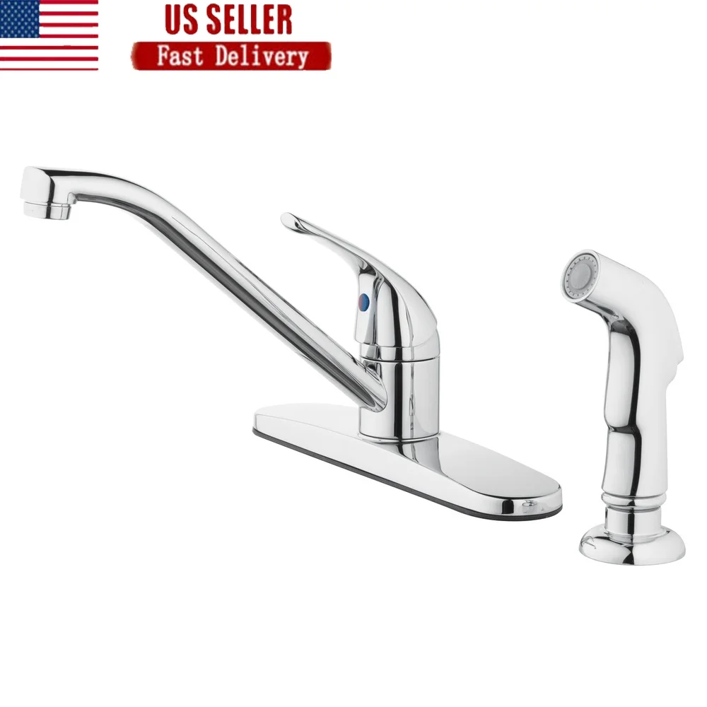 

8-дюймовый кухонный смеситель с одной ручкой и выдвижным боковым распылителем, совместимый с ADA, хромированная отделка, без капель, моющаяся