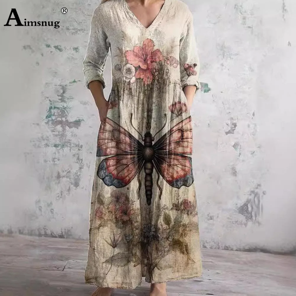 Aimsnug Plus Size Damen Casual Boho Blumendruck Langes Kleid 2025, europäische lange Ärmel, Maxikleider, sexy Damenkleid mit V-Ausschnitt, Neu