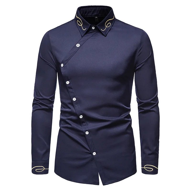 New Men Unique Design Lapel Shirt Black / Red / White Fashion Male Wedding Prom Party Dress Embroidery Shirts