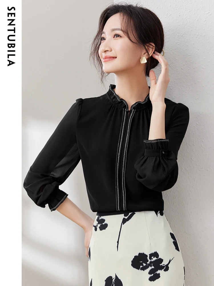 SENTUBILA Pullover Chiffon Blouses for Women Fashion 2024 Autumn Office Ladies Stand Collar Long Sleeve Tops Shirts M33V50343