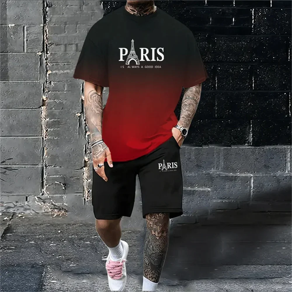 New Men's Summer Set Loose Size Paris Letter 3D Pattern Printed Casual and Comfortable Round Neck Short Sleeve y2k T-shirt Tops