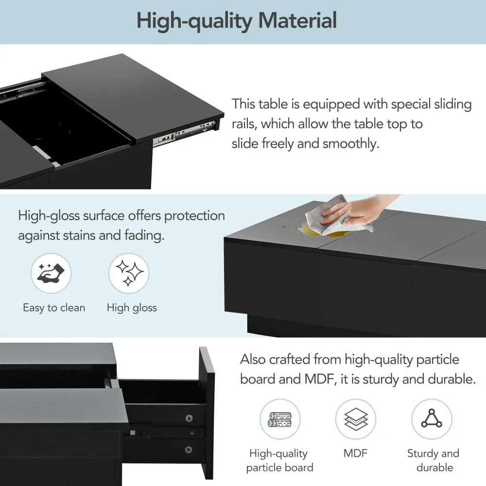 Coffee Table with 2 large Hidden Storage Compartment, Extendable Cocktail Table with 2 Drawers, High-gloss and Sliding Top