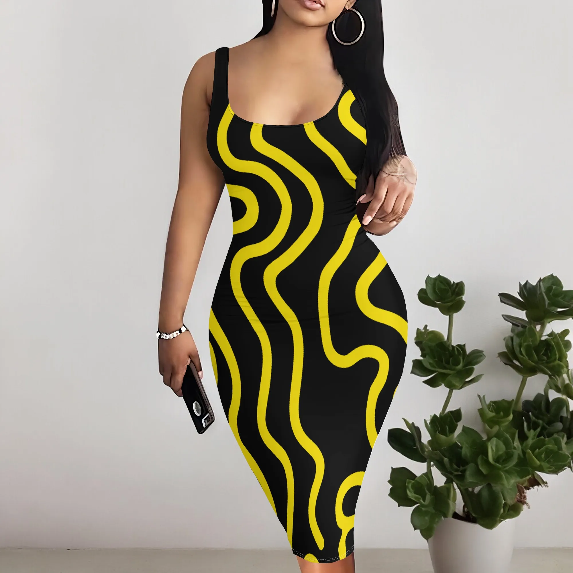 

Women's Sleeveless Bodycon Midi Dress Yellow Abstract Wave Print Spaghetti Strap Slim Fit Summer Party Club Wear Casual Dresses