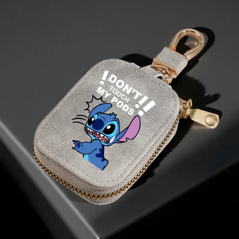 1Pc Stitch Pattern PU Artificial Leather Wireless Earphone Protective Case with Mesh Pocket & Keychain for Wireless Headphone