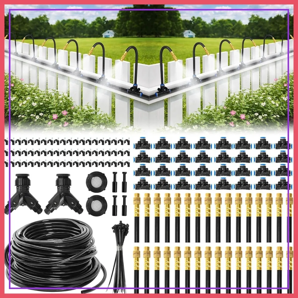 

200FT Drip Irrigation System with 32 Adjustable Copper Nozzles, 360° Misting Kit for Garden, Greenhouse, Lawn, Patio, Yard