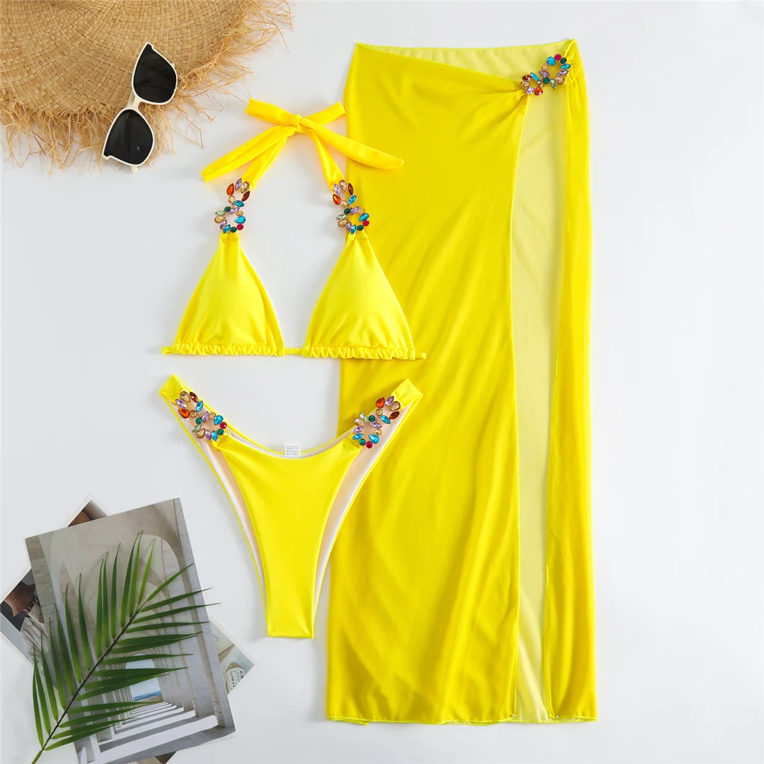 Diamantbesetzter Bikini mit Rock und Neckholder, dreiteiliger Badeanzug für Damen, Badebekleidung, Badeanzug, Schwimmanzug V4849 – Detail 32