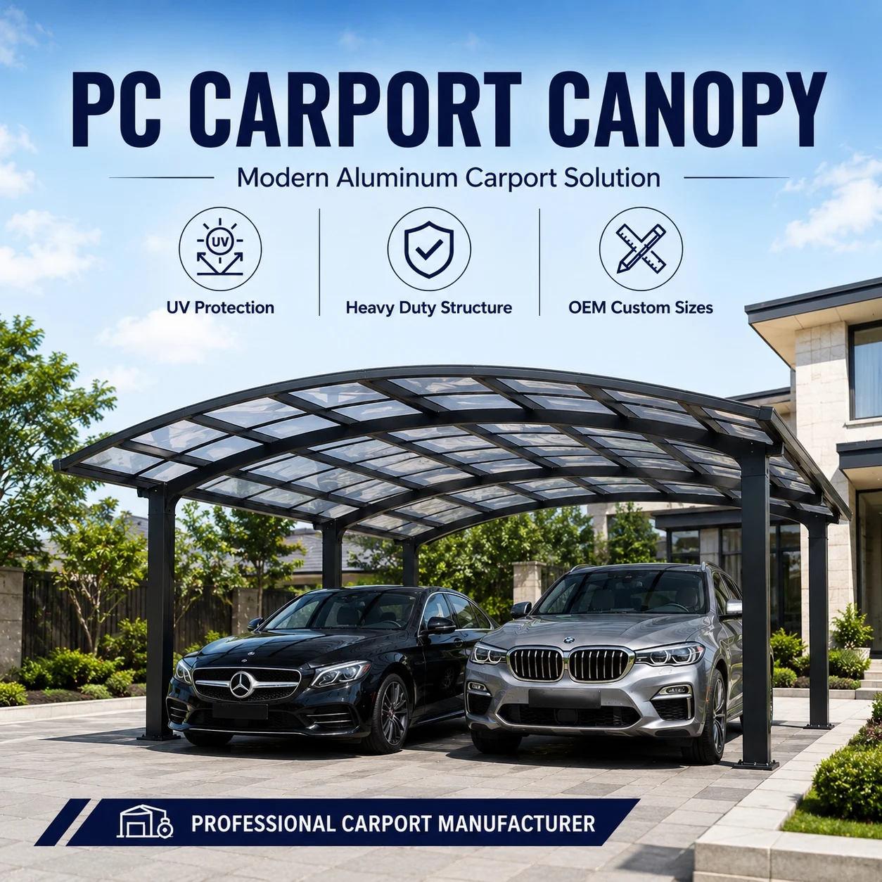 Heavy Duty Aluminum Parking Shade Waterproof 6063-T5 Alloy Double Carport Sunshade Shelter Canopy Parking Shade