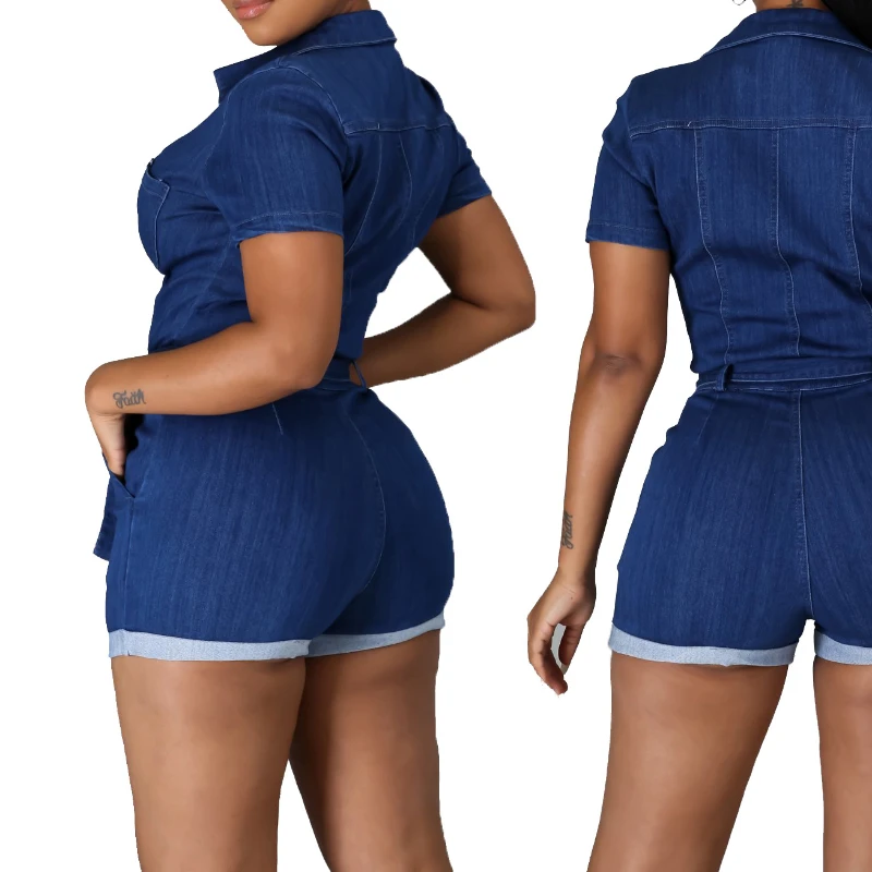 Jumpsuits Women One Piece Slim Fit Sheath Overalls Denim Turn Down Collar Short Sleeve Playsuits Shorts Pants Lace Up Rompers