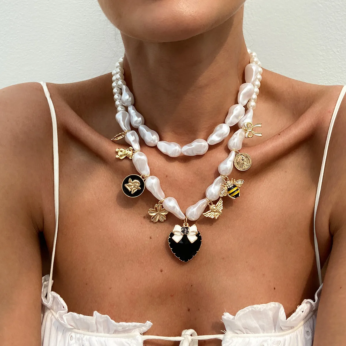 Necklace Bee Pendant Baroque Faux Pearl Heart Tassel with Sturdy Adjustable Silver Tone Chain for Women Office Casual Elegant view 3