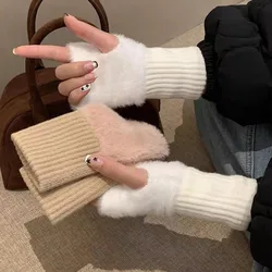 1pair Luxury Mink Fleece Soft Winter Half Finger Gloves Women Warm Plush Knitted Fingerless Gloves Girls Wrist Mittens Writting