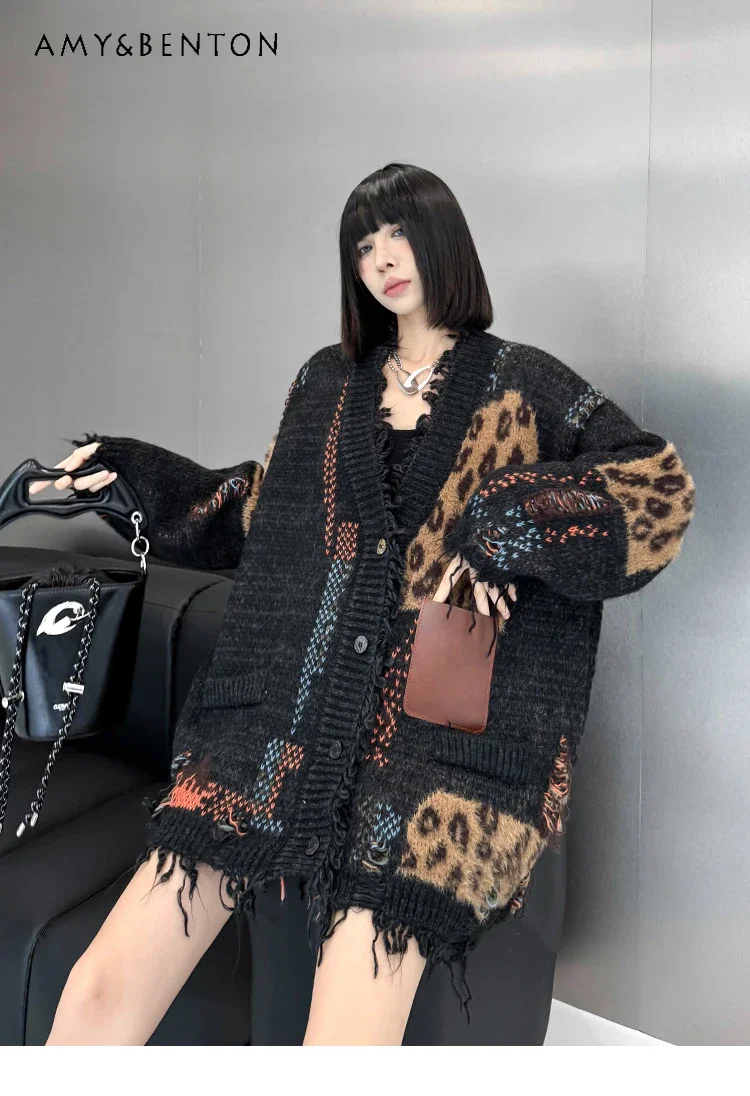 Estação europeia moda personalizada com decote em v leopardo impressão de malha cardigan outono inverno moda oversized meados de comprimento cardigan