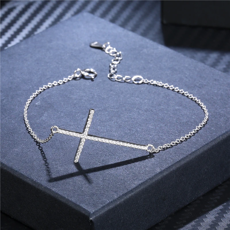 

Buyee 925 Sterling Silver Cross Bracelet White Light White Zircon Simple Bracelets for Women Girl Excellent Fine Jewelry Chain