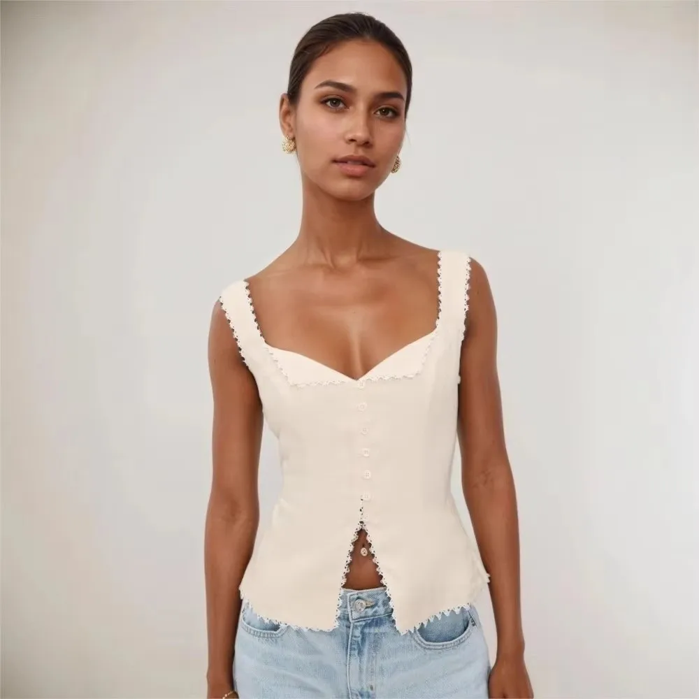 

Elegant Sleeveless Women's Retro Lace Vest Backless Square Collar Backless Lace Top Elegant Sleeveless Vest Daily Outing