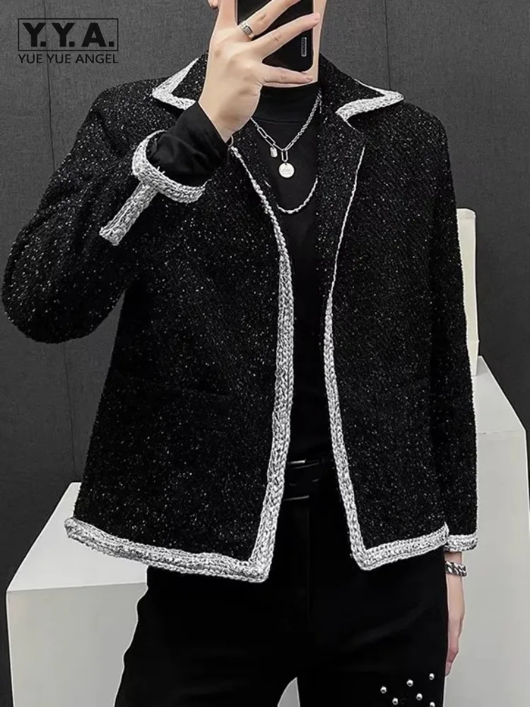 

Fashion Nightclub Mens Tweed Jacket Spring Autumn Turn-Down Collar Casual Outerwear Long Sleeve Design Black Short Coat Male