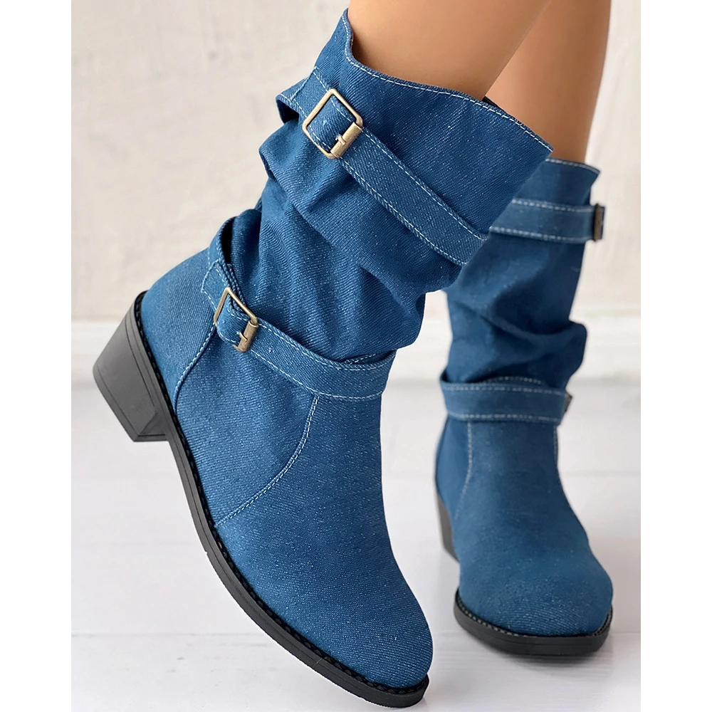 2024 Fashion Women Denim Round Toe Turkey Boots Femme Buckle Decor Midi High Ankle Boots Party Workwear Party Shoes Korean