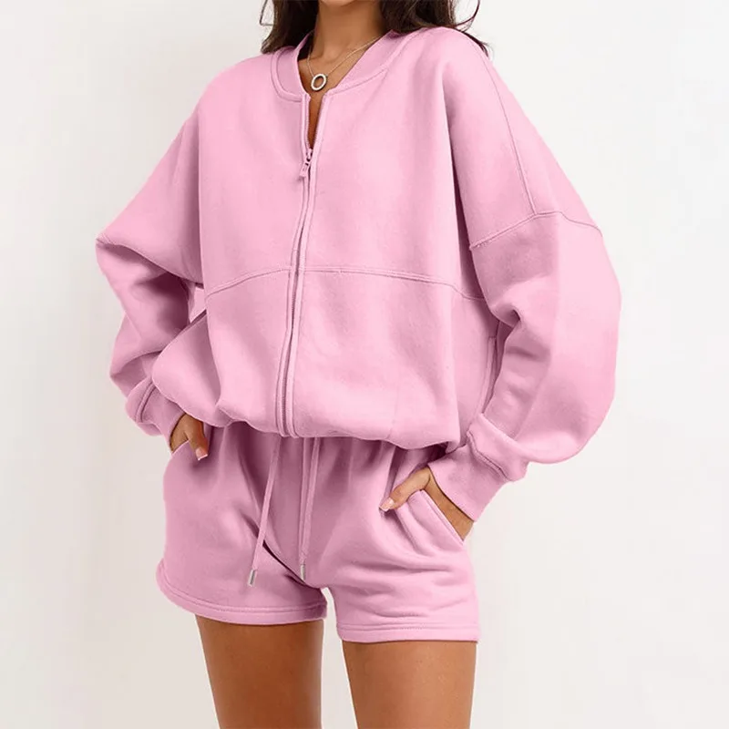 

Women's Round Neck Sweatshirt Casual Style Long-sleeved Sweatshirt Jacket and Shorts Two-piece Suit
