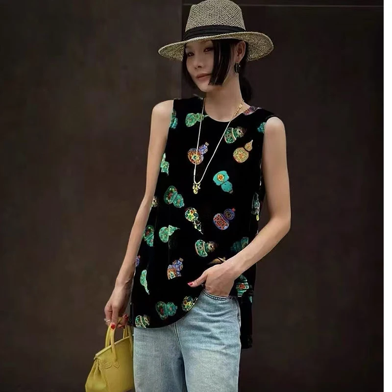

Summer New O-Neck Silk +Velvet Fabric with Treasure Gourd Print +Side Button Decoration With Unique And Cool Women's Vest S-XL
