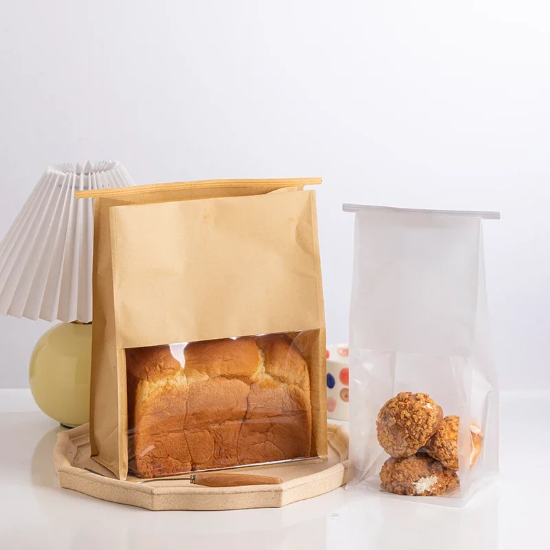 50pcs Food Grade White Kraft Paper Toast Bags Bread Slices Toast Fresh-keeping Pocket Wire Rolled Edge Self Sealing Package Bag