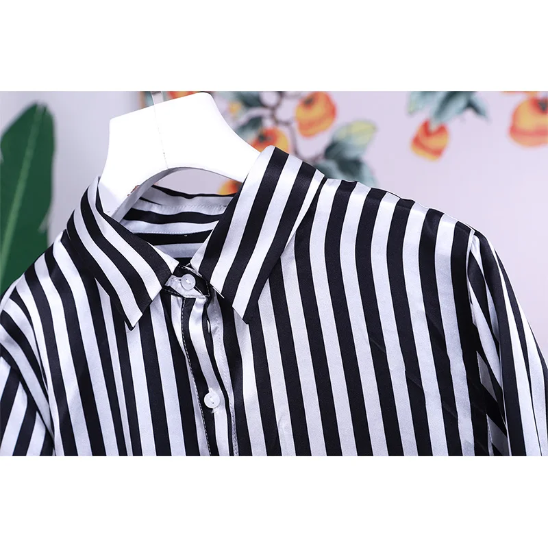 Spring 2023 New High-end Silk Concealed Placket Simple Black and White Striped Long-sleeved Women\'s Fashionable Commuter Shirt