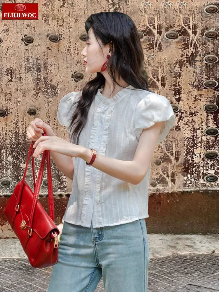 

Retro Cute Chic Tops Hot 2025 Women Summer Korea Japan Style Design Stand Collar Button Shirt Blouse FLHJLWOC Design Vintage