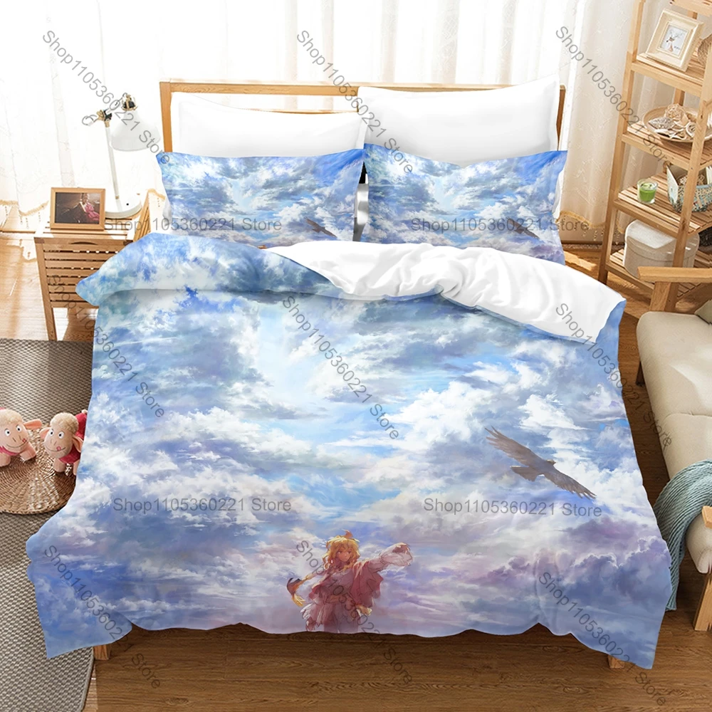 Pastel Natural Mountain Cherry Blossom Sunset Minimal Landscape Line Sketch Duvet Cover 2 Pillowcases Gentle Rural Bedroom Decor