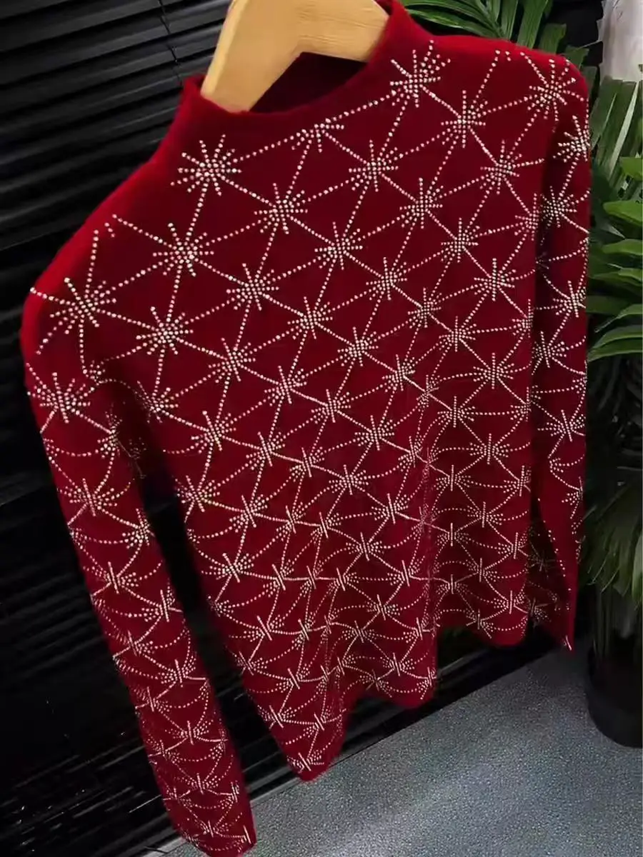 Stile di lusso Sparkle Diamanti Foratura a caldo Vino Rosso Maglione per le donne Autunno/Inverno Maglieria Pullover pull femmes 2025 Trend