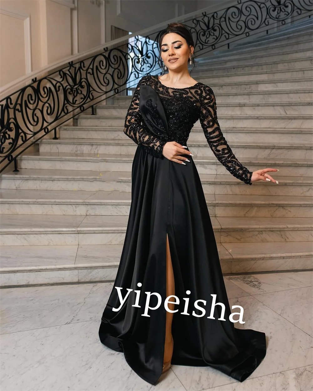 Robe Longue en Satin à Paillettes et Col Rond, Vêtement sur Mesure pour Occasions, Anniversaire